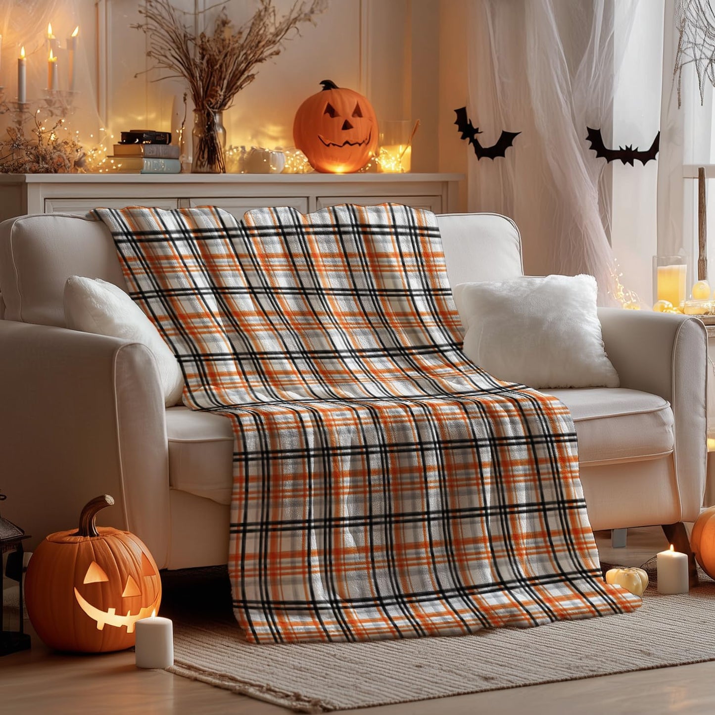 Horaldaily Halloween Flannel Blanket Throw, Orange Buffalo Plaid Soft Fuzzy Plush Cozy Fleece Blankets for Couch Sofa Bed Lounging, Ideal Gifts for Kids Adults Wife Self, 50x60