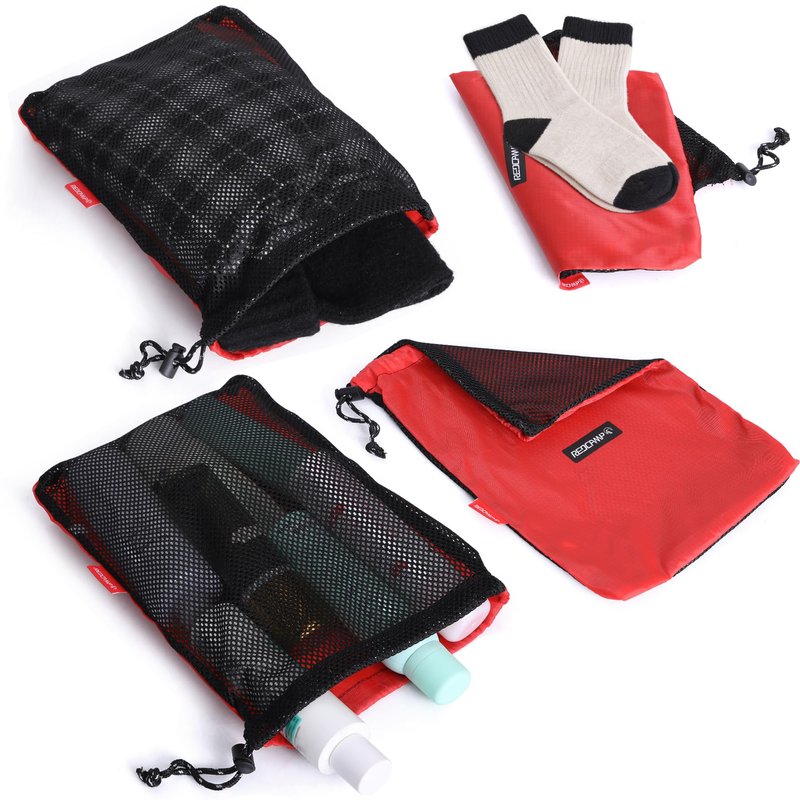 REDCAMP 5PCS Small Ditty Bags Set for Backpacking, Ultralight Nylon Mesh Drawstring Stuff Sack Assortment Storage Pouch Bags for Outdoor Camping Indoor Home, Red