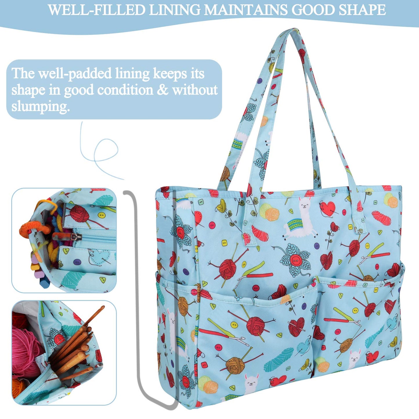 Coopay Craft Bag for Crochet Knitting Cross Stitch, Tote Bag for Embroidery Project, Knitting Needles or Diamond Painting Tools, Knitting Bags Yarn Storage Bag 14in×5.5in×12in,Oxford Cloth,Blue