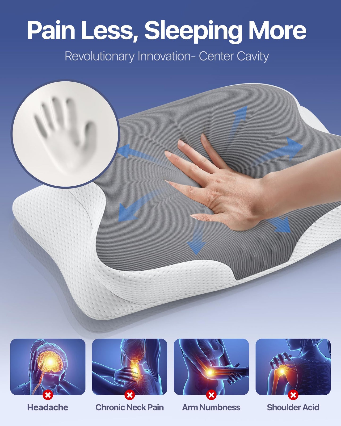 Cervical Pillow for Neck Pain Relief - Ergonomic Memory Foam Pillow with Cooling Case Orthopedic Support Side Sleeper Pillow for Pain Relief Support for Side Back Stomach Sleepers