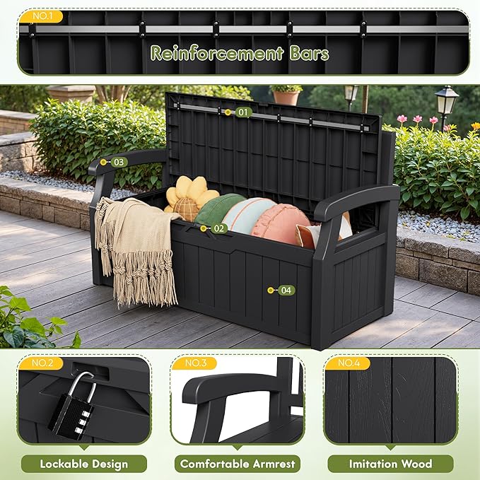 Greesum 80 Gallon Storage Bench Outdoor Deck Box with Armrest, Patio Furniture, Lockable, Waterproof and UV Resistant, Suitable for Garden, Poolside, Dark Black