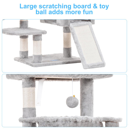 Hey-brother Cat Tree, Cat Tower for Indoor Cats, Cat House with Large Padded Bed, Cozy Condo, Hammocks, Sisal Scratching Posts, Big Scratcher, Light Gray MPJ006SW