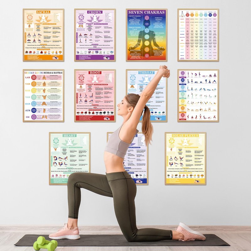 11pcs Chakras Posters (14.2 x 11.0 in) Yoga Poses Posters Set, Healing Meditation Yoga Pose with Crystals & Affirmations Quick Reference Guide, Spiritual wall art Gifts for Yogas Reiki Room Home Decor