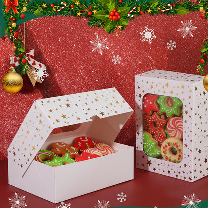 YEKTFS 24Pcs Christmas Cookie Boxes with Window - Gold Foil Star Pastry Boxes for Gift Giving, Bakery Boxes, White Christmas Cookie Tins with Lids,Dessert, Donut, Baked Goods Packaging