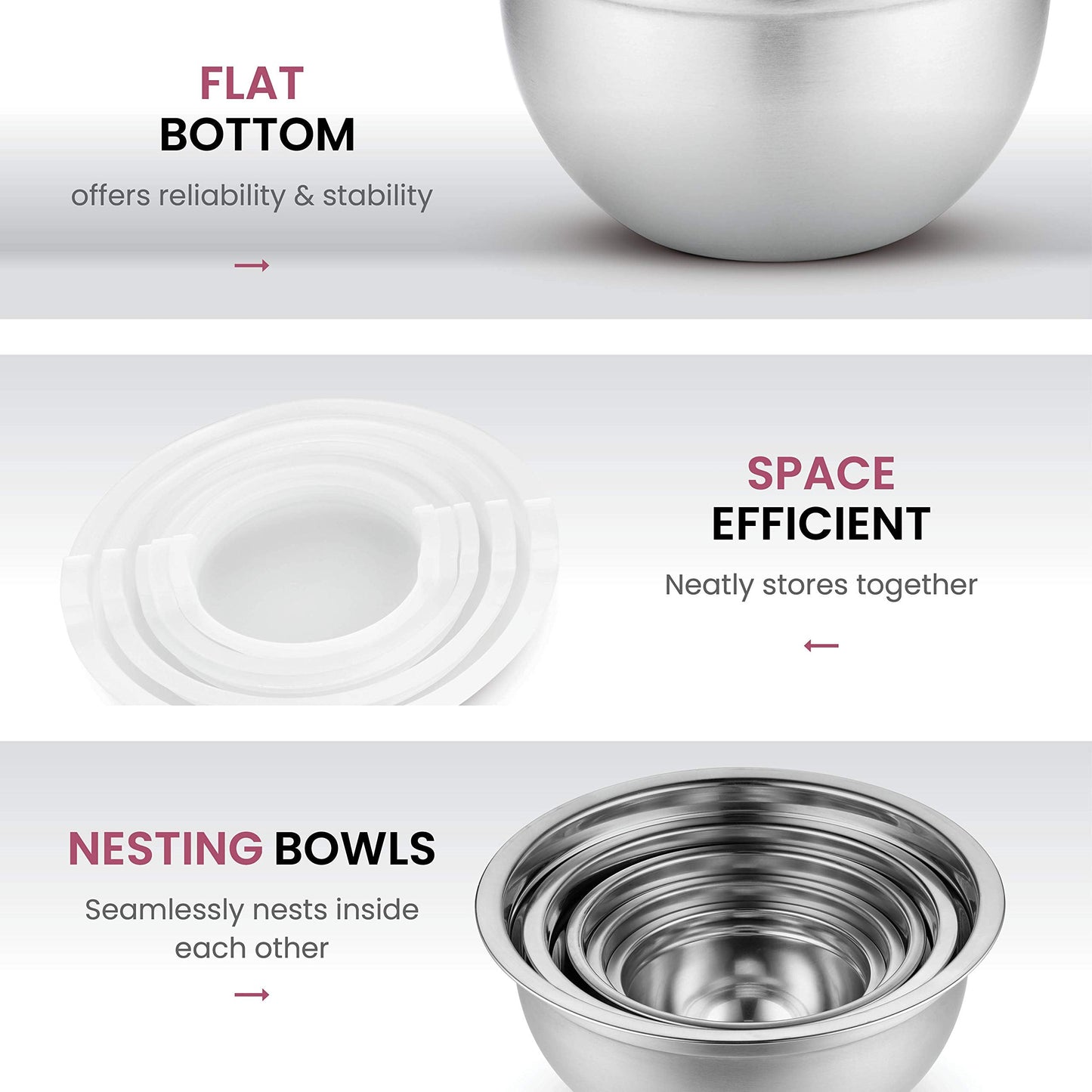 FineDine Mixing Bowls Set , 10 Piece Set ,(5 Bowls +5 Lids) Stainless Steel