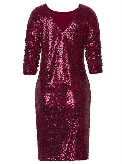 Vijiv Women's Long Sleeve Sequin Bodycon Cocktail Party Club Evening Mini Dress V Neck Red
