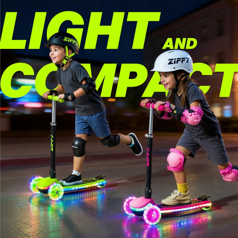 JOVA ZIFFY Kids Scooter for Boys & Girls LED Light-Up Wheels, 4 Adjustable Height Handlebars, and Lean-to-Steer Design with Anti-Slip Wide Surface for Stability - Up to 110LBS(Red)