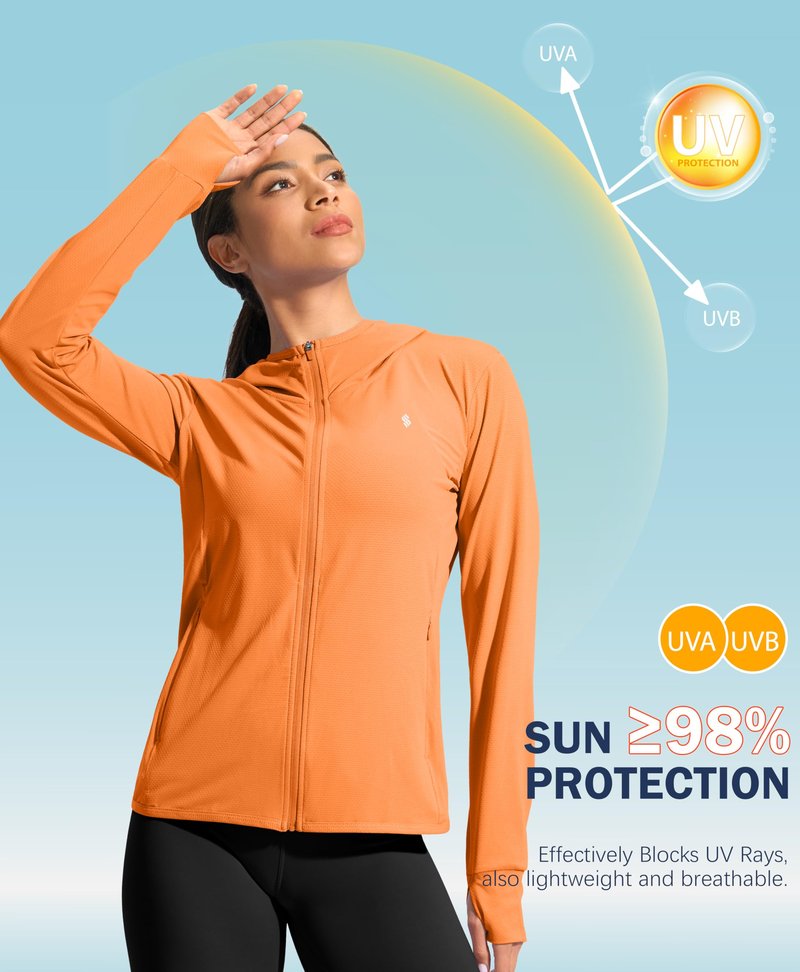 Soothfeel Women's UPF 50+ Sun Protection Hoodie Jacket Lightweight Long Sleeve Sun Shirt for Women with Pocket Hiking Outdoor(Orange, XXL)