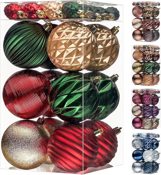 JORNOY Christmas Tree Ornaments, 3.12inch/80mm Shatterproof Ornaments for Christmas Tree Set - Plastic Decorative Hanging Balls Ornaments for Xmas Tree Decorations, 32ct (Red & Green & Gold)