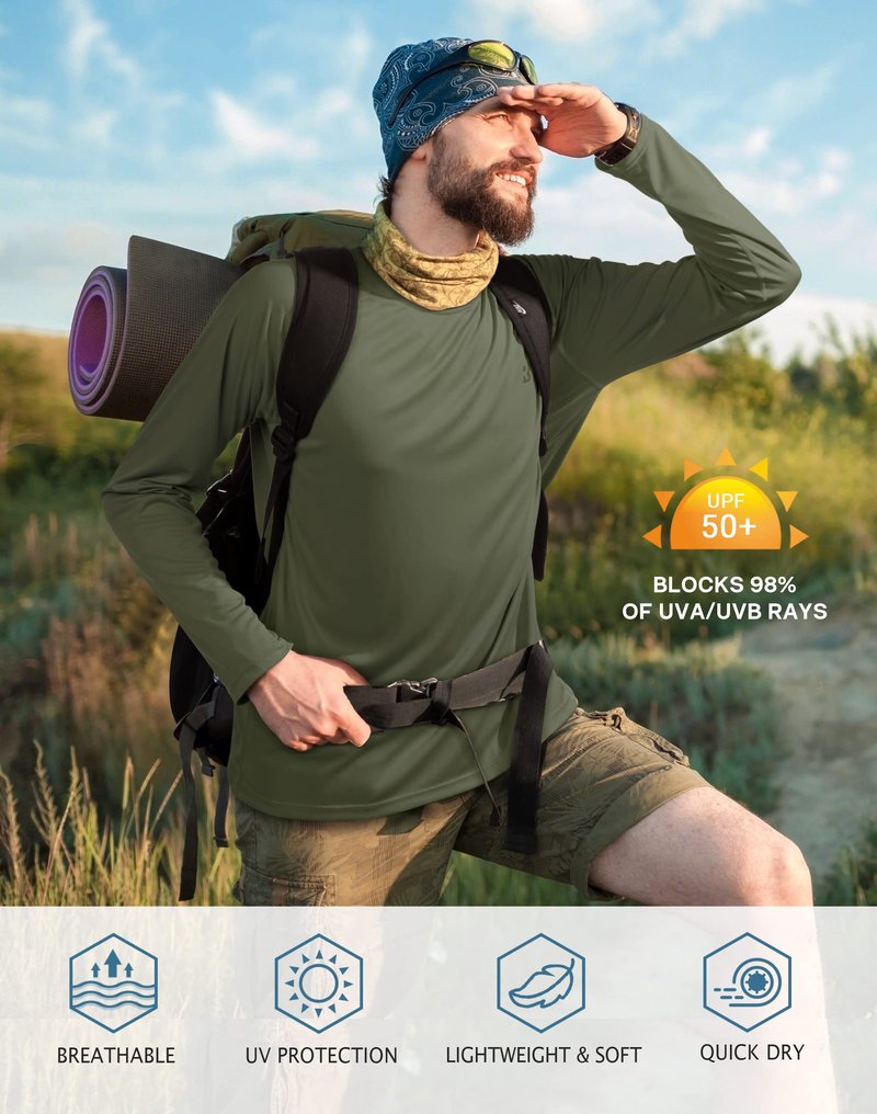 Roadbox Mens UPF 50+ UV Sun Protection Shirts Outdoor Long Sleeve SPF Diving Rash Guard for Fishing Hiking Swimming Dark Green
