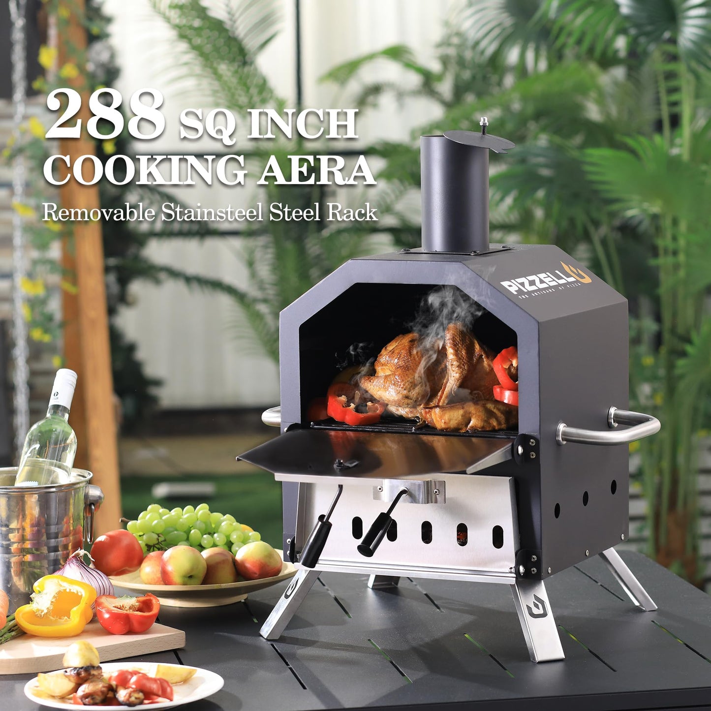 Pizzello Outdoor Pizza Oven Wood Fired 2-Layer Pizza Ovens 12" Outside Pizza Maker with Stone, Pizza Peel, Cover,Removable Cooking Rack for Camping Backyard BBQ (Black)