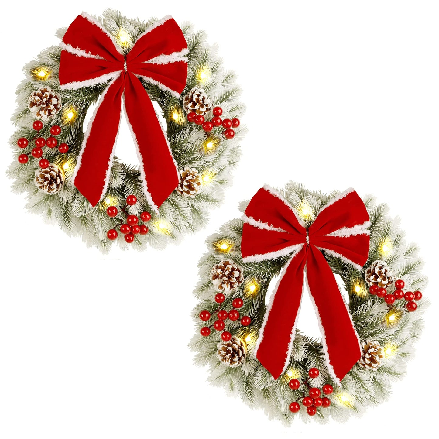 ATDAWN 2 Pcs Christmas Wreath, 15 Inch Outdoor Lighted Wreath for Front Door, Xmas Holiday Party Decorations
