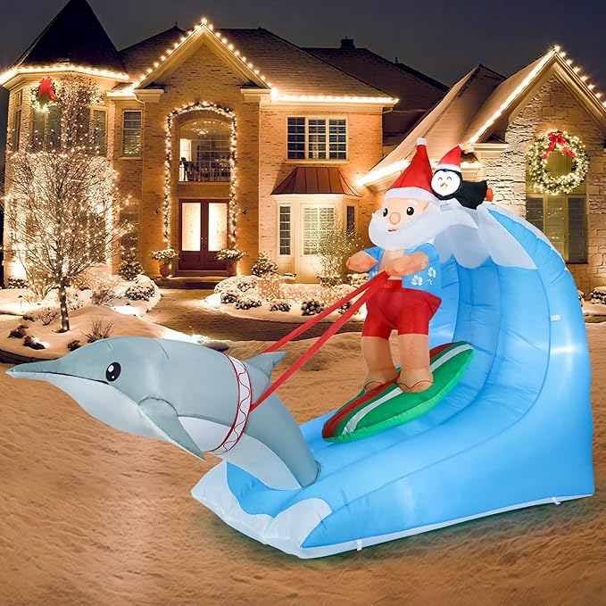 Vigdur 8FT Christmas Santa Claus Inflatables, Hawaiian Surfing Santa Blowups with Built-in LED Lights, Hawaiian Christmas Decorations for Holiday Indoor Yard Lawn Garden Outside Home Decor