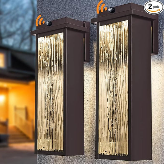 Oil Rubbed Bronze LED Dusk to Dawn Outdoor Lighting 2 Packs, 16" Large Outside Farmhouse Wall Lantern Brown, Industrial Porch Wall Mount Light Fixture with Rippled Glass, Modern Exterior Sconce Lamp