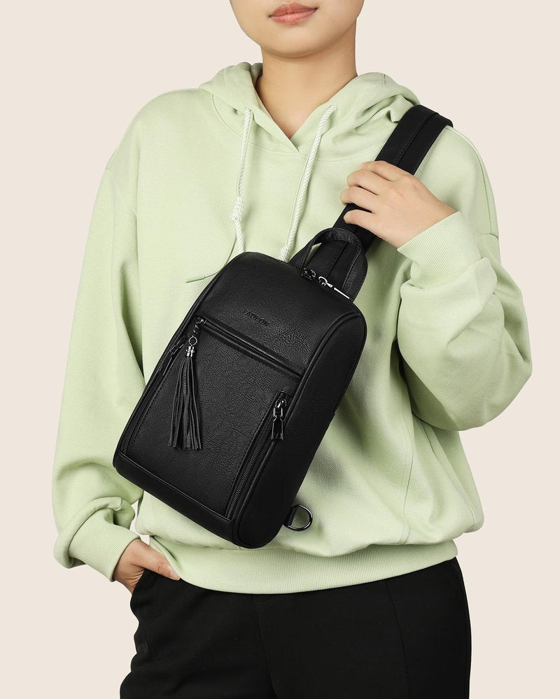 FADEON Sling Bag for Women, Crossbody Backpack with Tassels, Designer Leather Shoulder Chest Bags for Travel