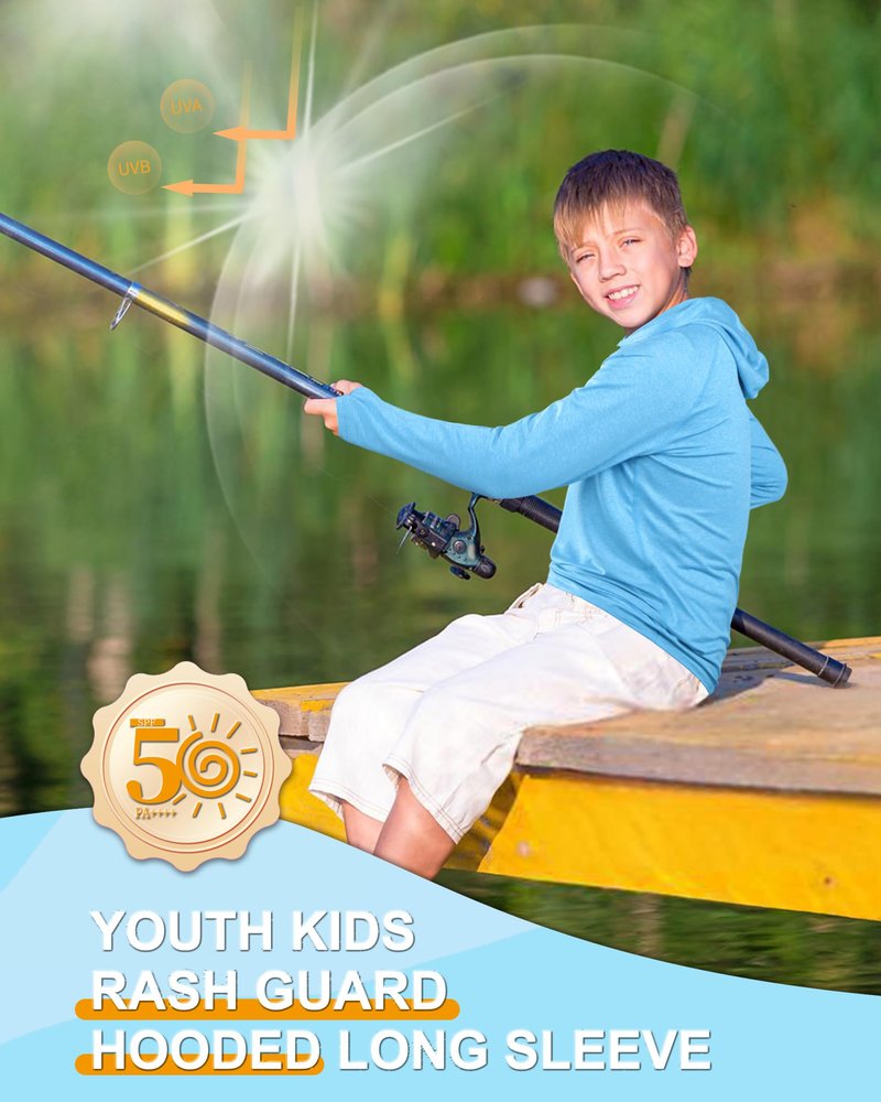 Roadbox Boys Rash Guard Hooded Fishing Shirt, Kids UPF 50+ Long Sleeve Sun Hoodie, Youth UV Protection Beach Swim Shirts