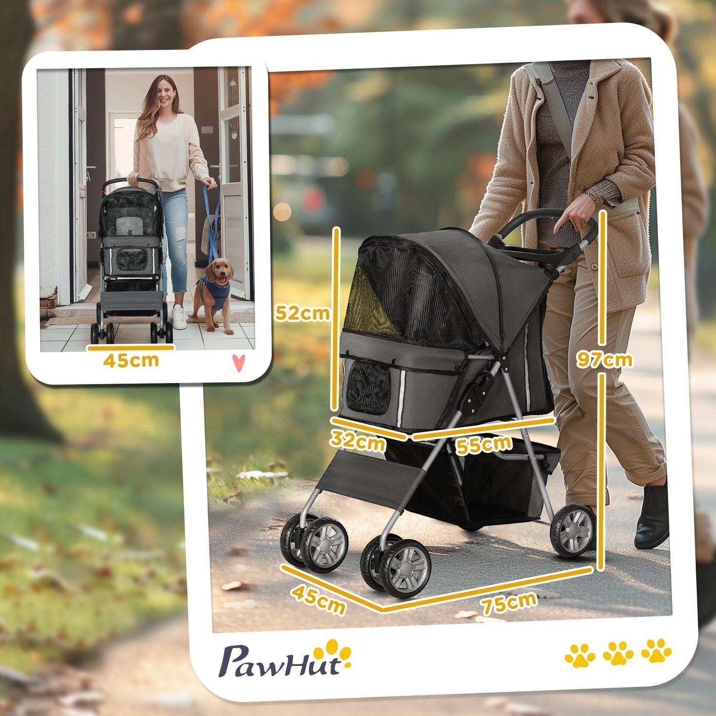 PawHut Pet Stroller for Small Miniature Dogs Cats Foldable Travel Carriage with Wheels Zipper Entry Cup Holder Storage Basket Grey