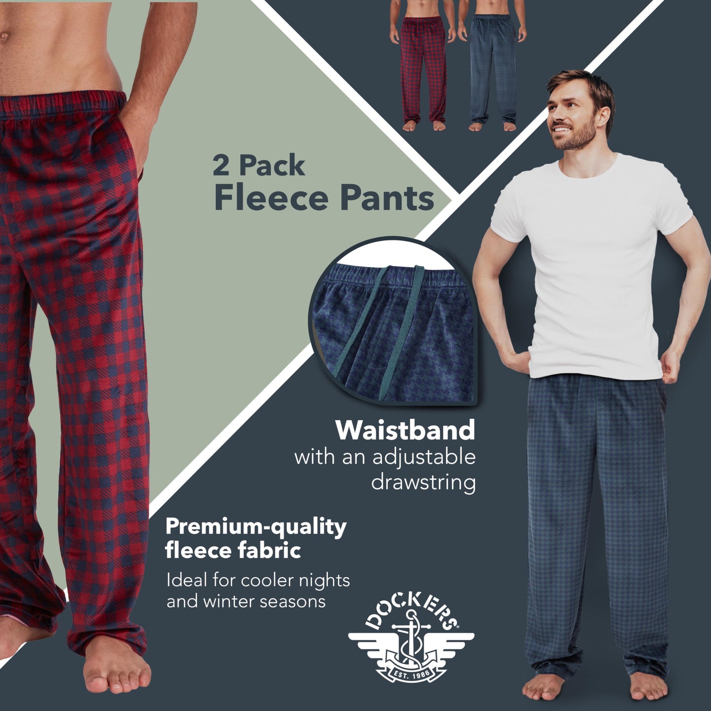 DOCKERS Fleece Pajama Pants for Men, 2 Pack Lounge Sleepwear PJs with Pockets
