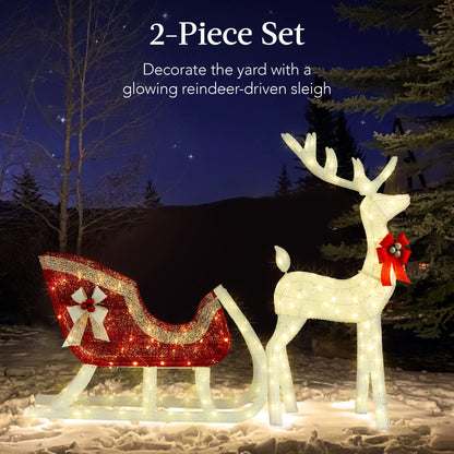 Best Choice Products Lighted Christmas 4ft Reindeer & Sleigh Holiday Outdoor Yard Decoration Set w/ 205 LED Lights, Stakes, Zip Ties - White