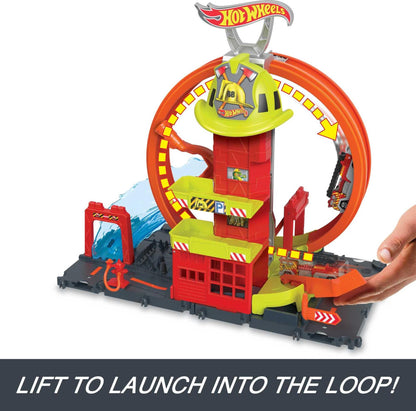 Hot Wheels City with 1 Toy Car, Kid-Powered Elevator, Water-Like Ramp, Track-Play Features, Connects to Other Sets, Fire Station with Super Loop, HKX41