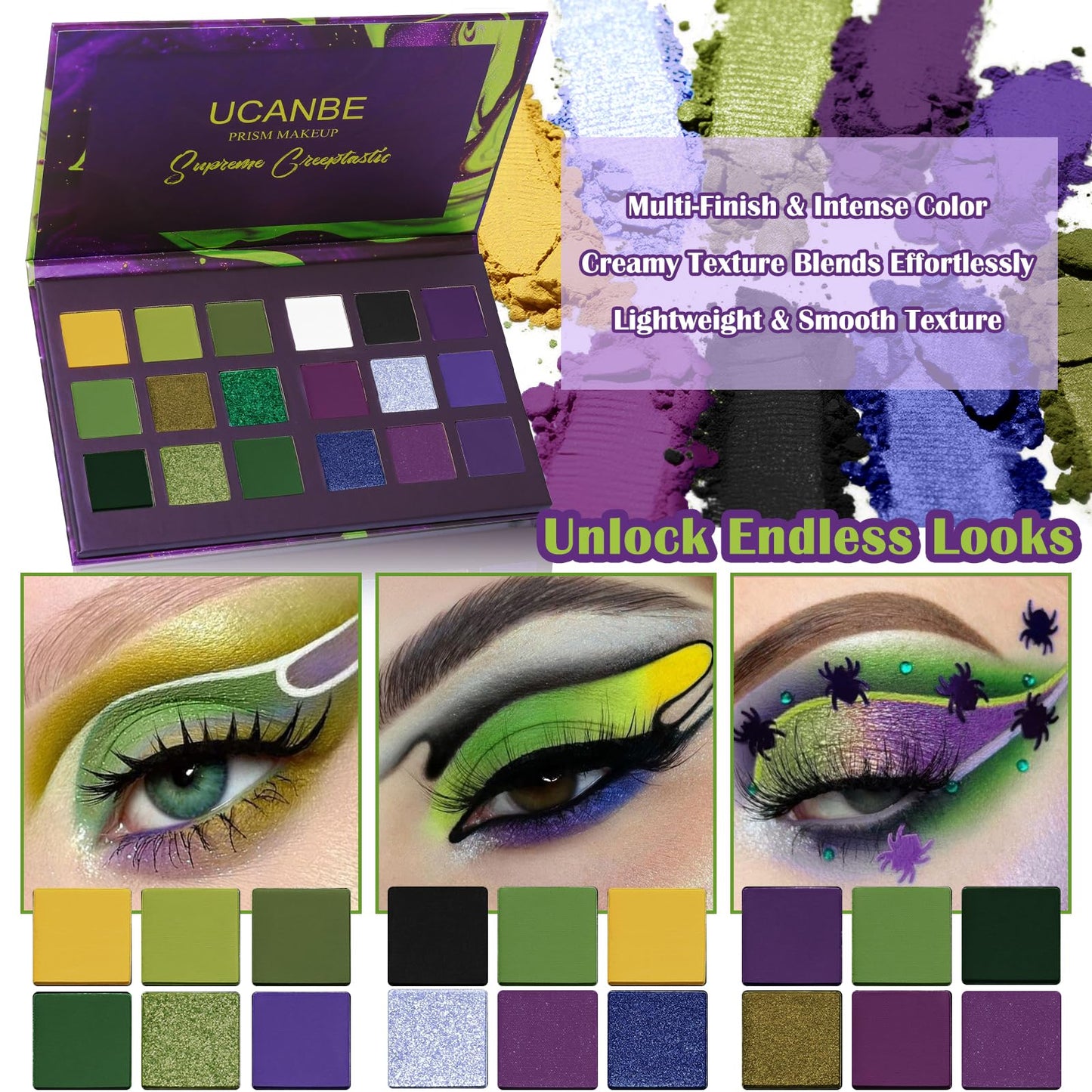 Green Purple Goth Eyeshadow Palette Makeup- 18 Colors Matte Shimmer Metallic Bright & Dark Smoky Gothic Eye Shadows for Halloween Christmas Grinch Witch Beetle-juice Ursula SFX Cosplay Costume Make Up