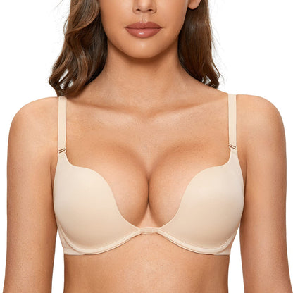 DOBREVA Women's Plunge Bra Deep V Sexy Underwire Low Cut Bras T Shirt Cleavage Lightly Padded Beige 34D