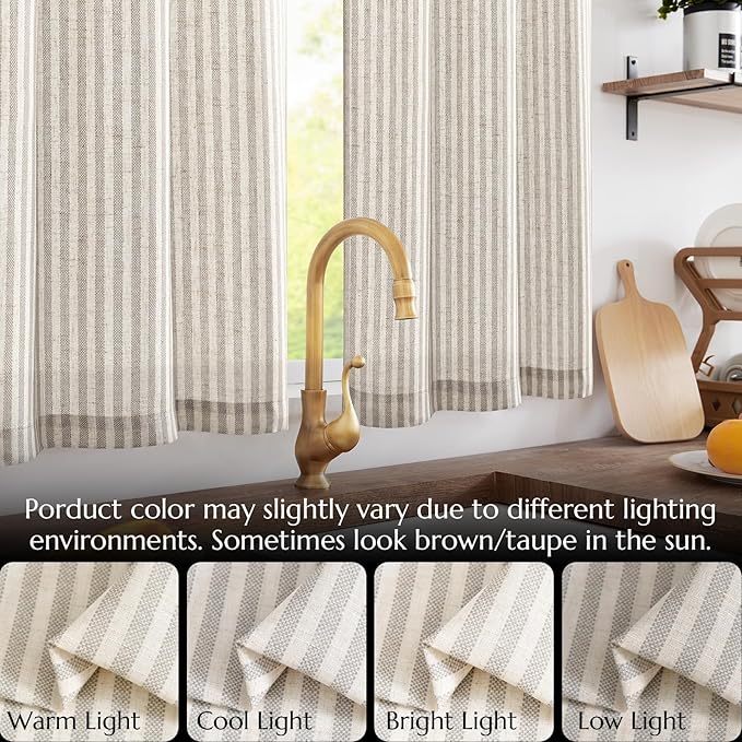 jinchan Tie Top Kitchen Curtains 36 Inch Length Striped Tier Curtains Ticking Stripe Small Drapes for Living Room Bathroom Cafe Small Window Farmhouse Rustic Rod Pocket 2 Panels Taupe Grey