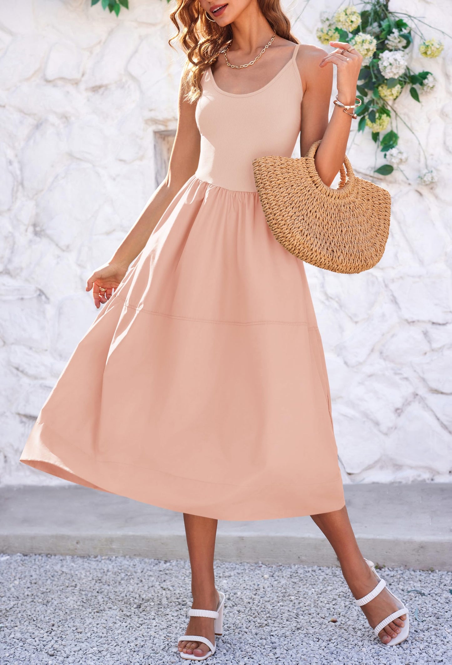 Fisoew Womens Spaghetti Strap Dress V Neck Backless Summer Casual A Line Cami Dress with Pocket Black