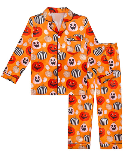 Sylfairy Girls Halloween Pajamas Silk PJS Set Pumpkin Satin Sleepwear Short Sleeve Jammies for Kids Button-Down Nightwear Scary Halloween Pumpkin Costume Size 7 Size 8 Size 7-8