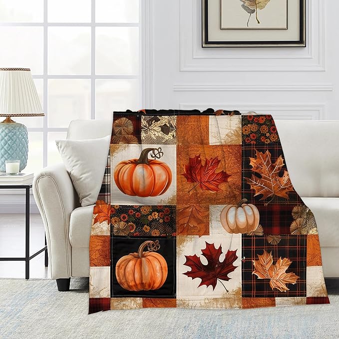 Blanket Thanksgiving Lightweight Soft Throw Blanket for Girls Teens Women, Plaid Pumpkin Fall Fuzzy Blanket Home Room Decor 50x60 Inches