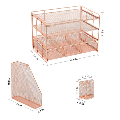gianotter Desk Organizers and Accessories with File Holder, 4-Tier Desk Accessories & Workspace Organizers with Drawer and 2 Pen Holder, Paper Organizer for Office Supplies (Rose Gold)