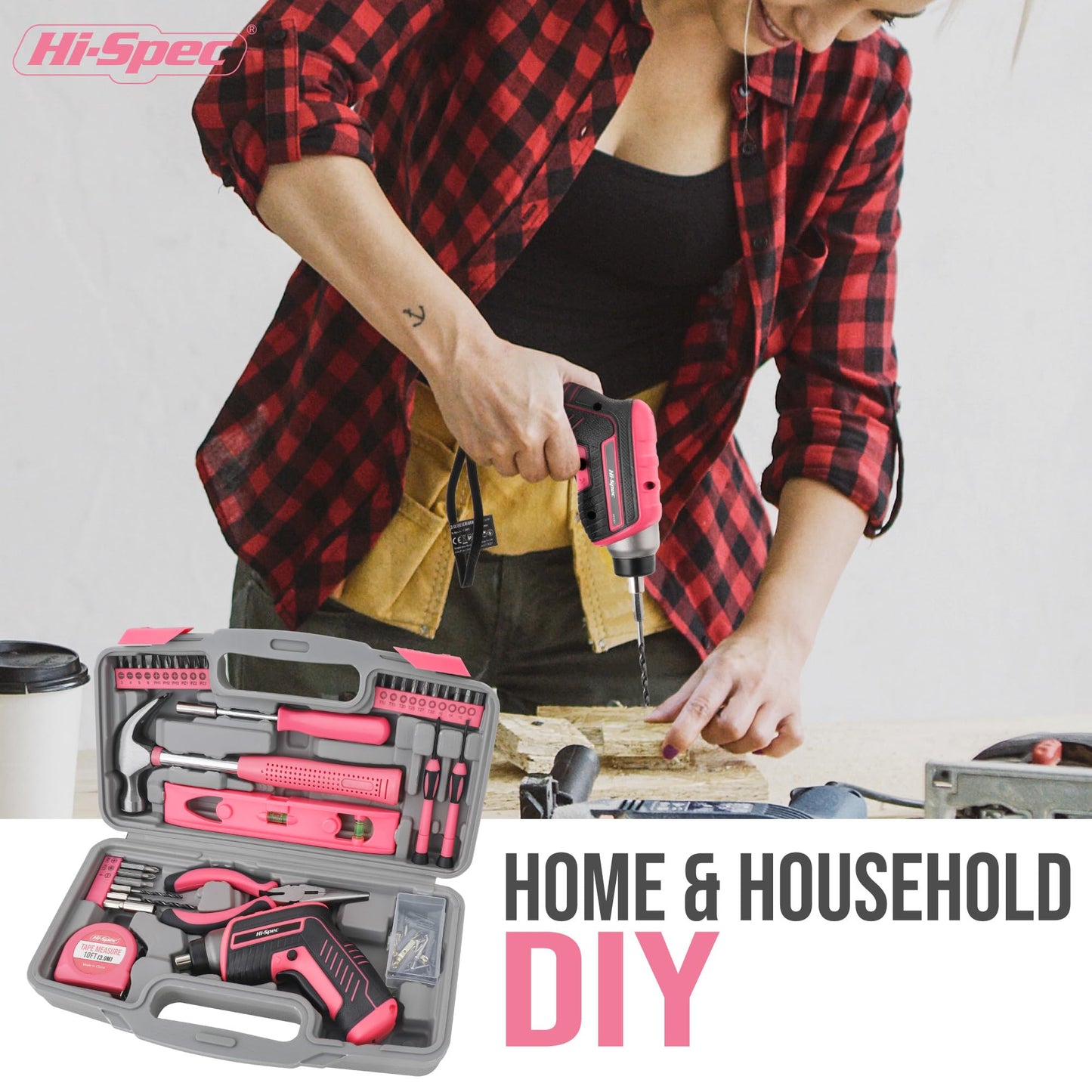 Hi-Spec 35pc Pink Womans Tool Kit Set with 3.6V USB Electric Power Cordless Screwdriver Compact for Home. Starter Basic Ladies Tools for Household DIY Repairs in a Small Toolbox