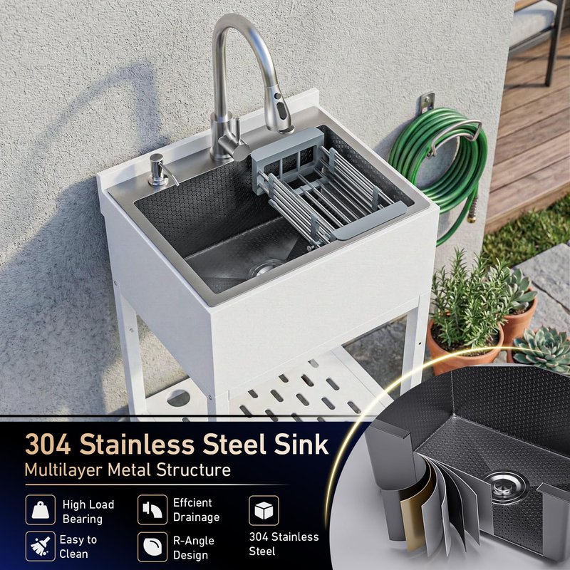 20" Freestanding Utility Sink, Stainless Steel Single Bowl with Deep Basin, Heavy Duty Sinks with Storage Shelves & Hot/Cold Water Pipes for Laundry, Kitchen, Farmhouse, Garage