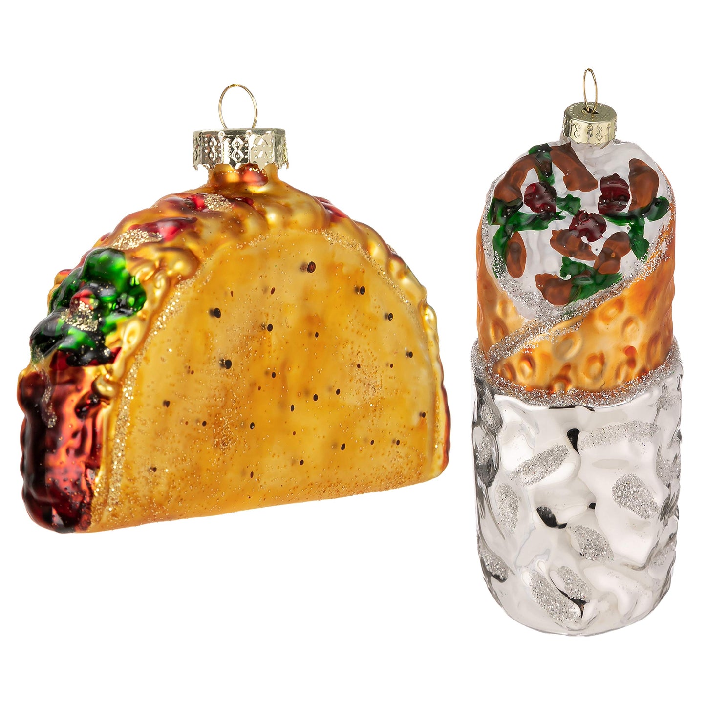 JOYIN Christmas Taco and Burrito Ornament, 2 pcs Glass Blown Set Handcrafted for Tree Hanging Ornament Outdoor Christmas Decorations Indoor