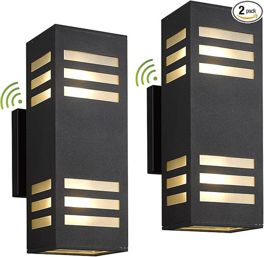Outdoor Wall Lights, 2 Pack Dusk to Dawn Porch Light Waterproof, 13" Modern Outside Light Rectangular, Large Up Down Exterior Lighting Fixtures for Patio, Garage, Doorway, Black