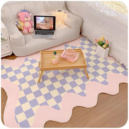 Houient Purple Irregular Area Rug,A Modern Simple Decorative Carpet Printed with Purple White Checkerboard Patterns, Large Area Non-Slip Special-Shaped Wavy Floor Mats for Living Room (4, 4x6)