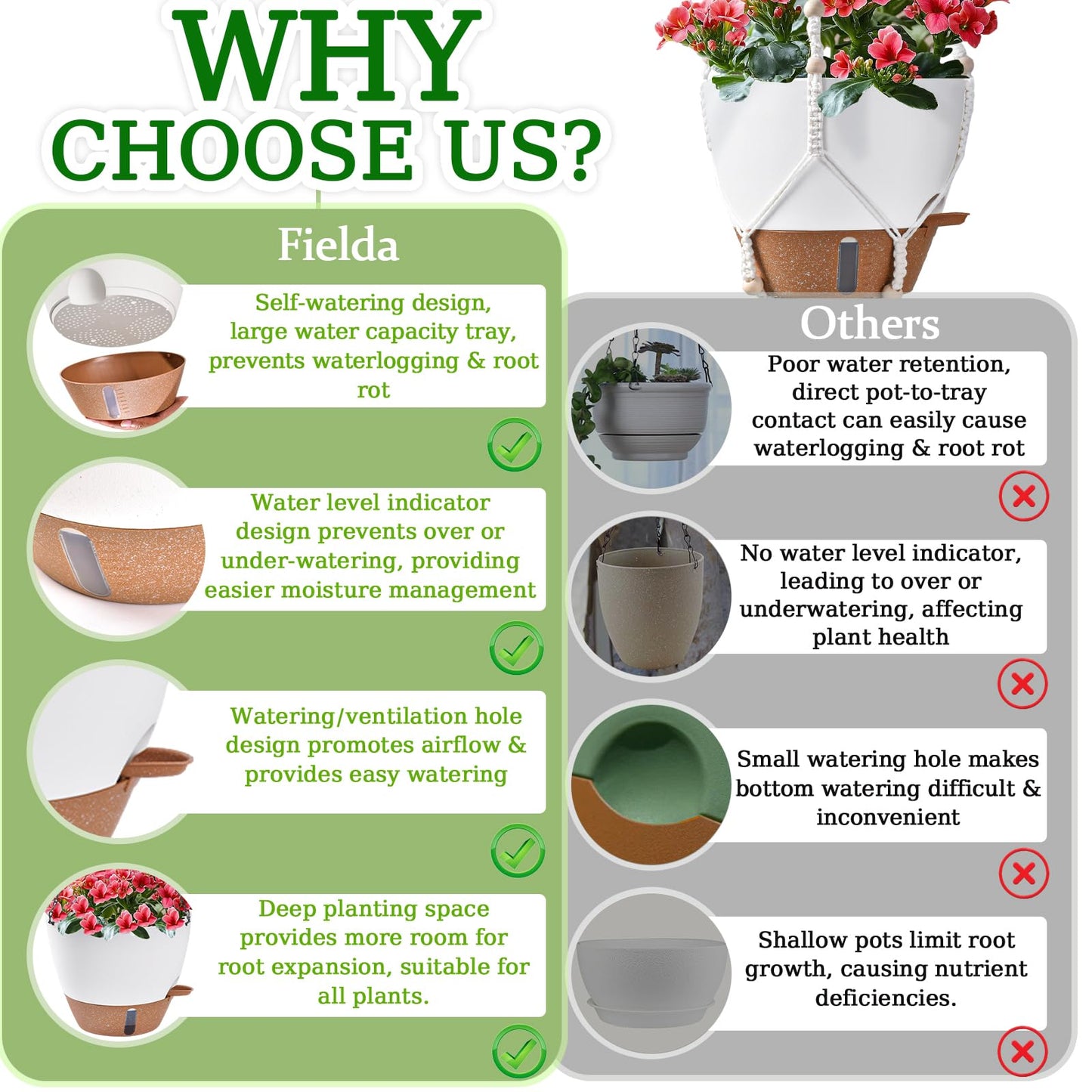 10 Inch Hanging Planters for Indoor Plants & Outdoor - 2 Pack Self-Watering Hanging Pots with Drainage Holes, Visual Reservoir, 2 Hangers - Self-Watering Hanging Baskets Flower Pots