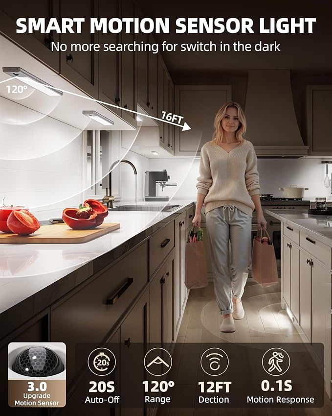 EZVALO 5 Pack Under Cabinet Lighting, 3200mAh Rechargeable Motion Sensor Light, 12inch Magnetic Closet Lights with Dimmable & 3 Color Temps, Wireless Motion Activated Lights with Remote for Kitchen