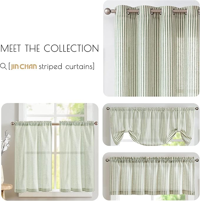 jinchan Tie Top Linen Kitchen Curtains 36 Inches Striped Tier Curtains Farmhouse Modern Cafe Style Small Window Treatments Airy Light Filtering Rod Pocket for Living Room Bathroom 2 Panels Sage Green