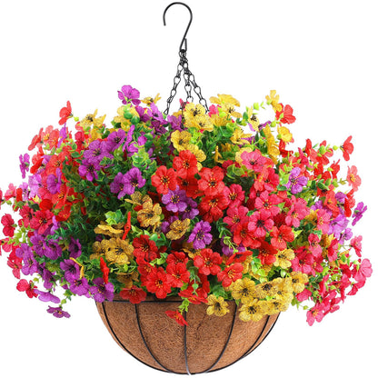 Hananona 2 Set Artificial Outdoor Flowers with Hanging Basket, 2 Hanging Planters with 24 Pcs Flowers for Spring Summer Front Porch Garden Patio Home Decor (2, Red, Purple, Yellow, Rose Red)