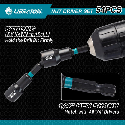 LIBRATON 54PCS Magnetic Nut Driver Set, Impact Drill Driver Bit 1/4", Metric & SAE Nut Driver for Impact Drill, Socket Adapters, Screwdriver Bits, Quick-Release Extension, Wing Nut Driver, Storage Box