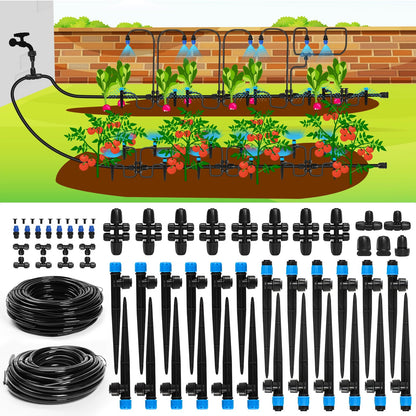 Bonviee Drip Irrigation System, 230FT Garden Watering System with Quick-to-Connect Fittings, Adjustable Drip Emitters, 1/4” & 5/16” Tubing, Drip Irrigation Kit for Raised Garden Beds, Greenhouse, Lawn