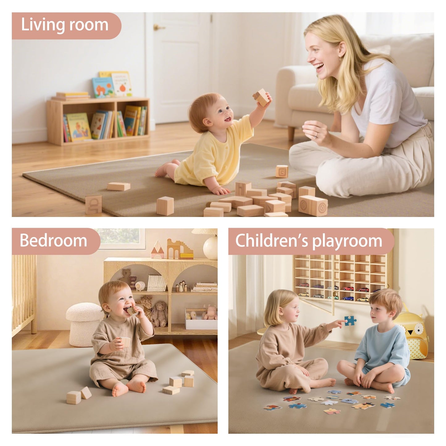 PapaMama 1.3" Thick Plush Baby Crawling Mat, 50x50 Playpen Mat, Ultra Soft Foam Play Mats for Baby, Water-Repellent Coral Velvet for Tummy Time, Nursery Rug with Non-Slip Backing, Non Toxic Suitable Toddlers（Beige）