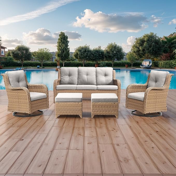 Rilyson Patio Furniture Swivel Chairs Set - 5 Piece Wicker Rattan Outdoor Sectional Conversation Sets with 2 Rocking Swivel Chairs,2 Ottomans and 1 Sofa for Porch Deck Garden(Yellow/Beige)