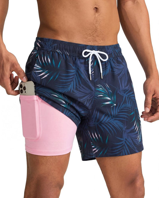 maamgic Mens Swim Trunks with Compression Liner 5 Inch, Quick Dry Bathing Suit with Zipper Pockets, Stretch No-Chafing Swim Shorts, Navy-Pink Leaf Silhouette X-Large