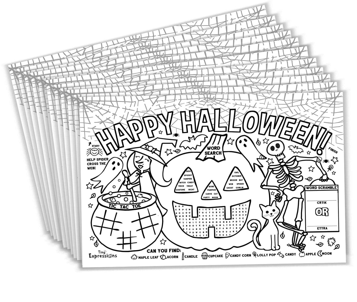 Tiny Expressions – Halloween Placemats for Kids (Pack of 12 Pumpkin Placemats) | Coloring Activity Paper Table Mats for Children’s School Party Craft | Disposable Bulk Bundle Set