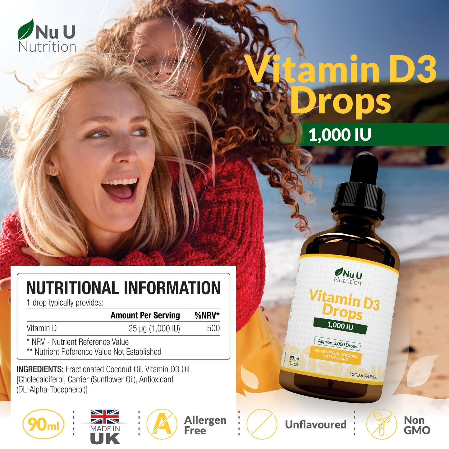Vitamin D Drops 90ml (3000 Drops) - 1000IU per Drop - 50% More - Flexible Dose of Liquid Vitamin D3 Supplement for Adults - Unflavoured & Vegetarian - Made in The UK - Nu U Nutrition