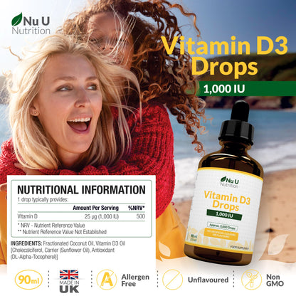 Vitamin D Drops 90ml (3000 Drops) - 1000IU per Drop - 50% More - Flexible Dose of Liquid Vitamin D3 Supplement for Adults - Unflavoured & Vegetarian - Made in The UK - Nu U Nutrition
