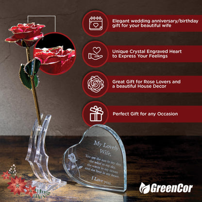 GreenCor Valentines Day for Wife Engraved Wooden Gift Set 'To My Beautiful Wife' Includes Crystal Engraved Heart 24K Gold Dipped Rose for Birthday Gifts
