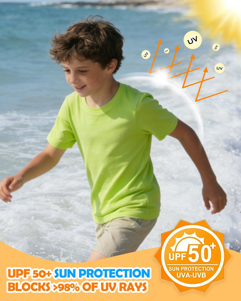 Boys' UPF 50+ Swim Shirt, Kids Short Sleeve Rash Guard, Toddler to Youth UV Sun Protection Athletic Sports Neon T Shirt Undershirt